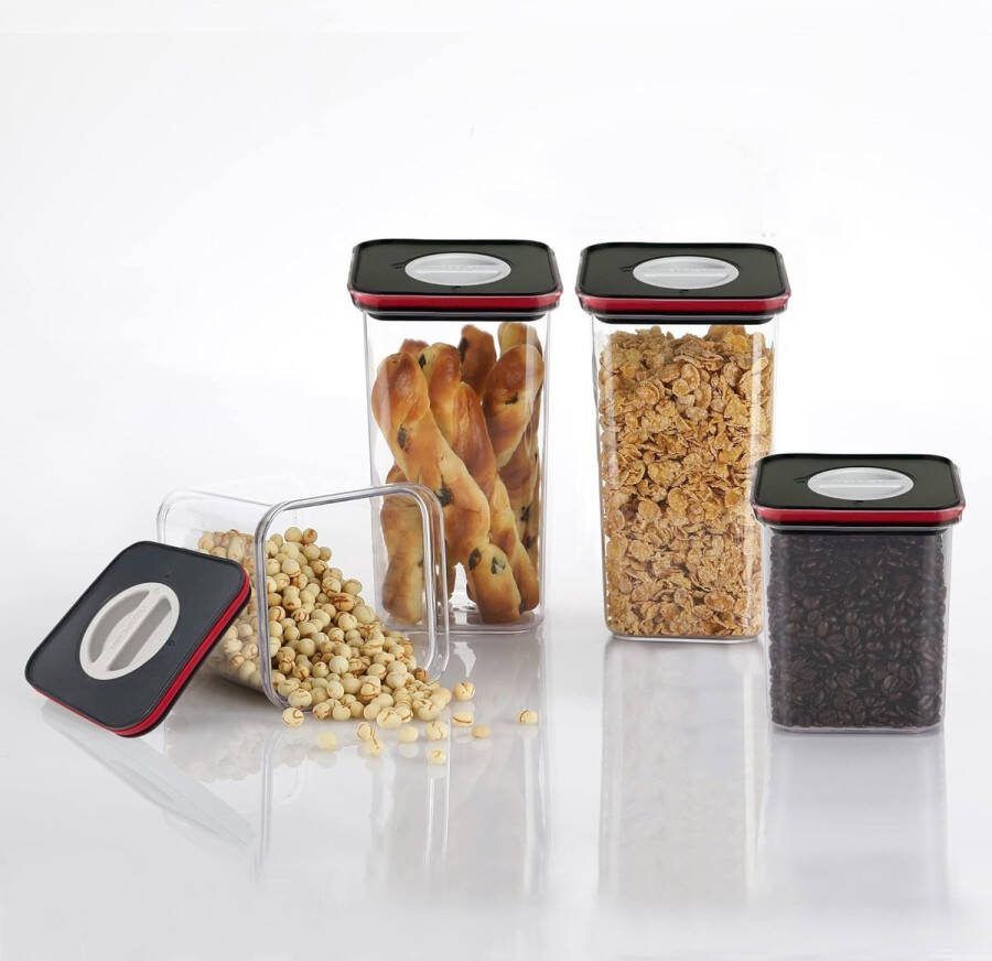 Smart Seal Voorraaddozenset 4-delig BPA-vrij vershouddozen luchtdicht vaatwasmachinebestendig voorraaddoos met deksel zwart rood opbergdoos voor muesli meel enz. 2 x 1 35 l & 2 x 2 1 l