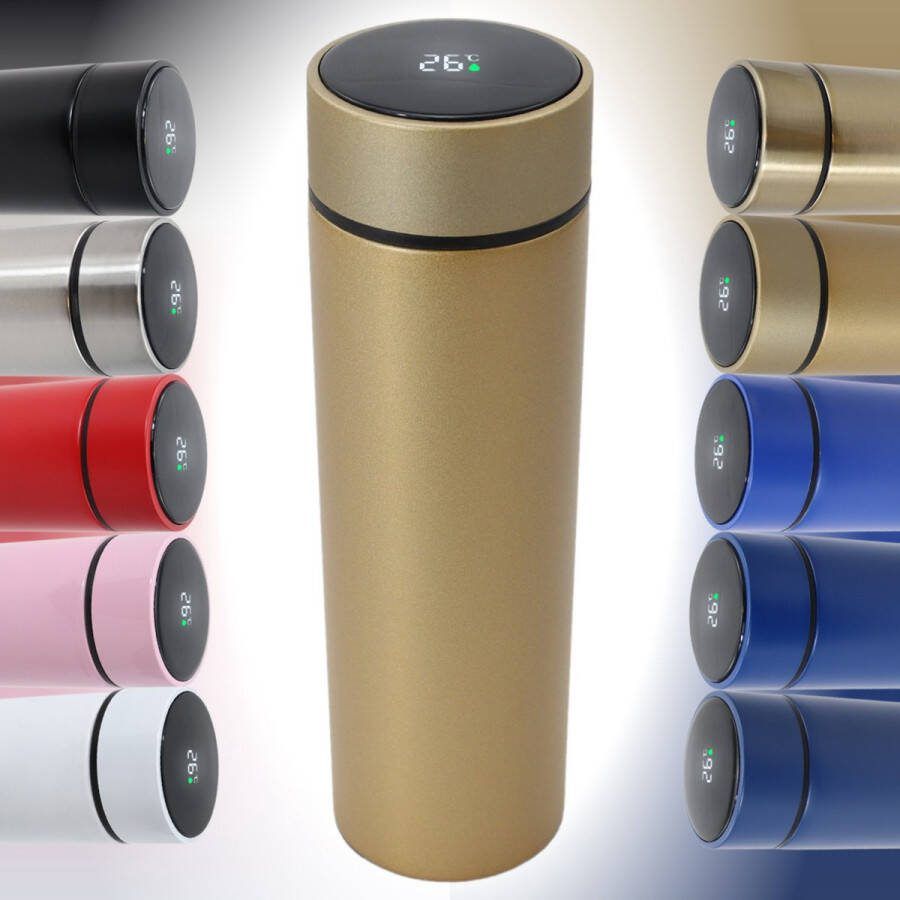 Smart Thermoskan Brushed Gold Met thee kruiden houder Gouden luxe thermos kan RVS Met ingebouwde temperatuurmeter Luxe thermos container geborsteld goud Voor koffie thee en andere warme dranken 500 ml
