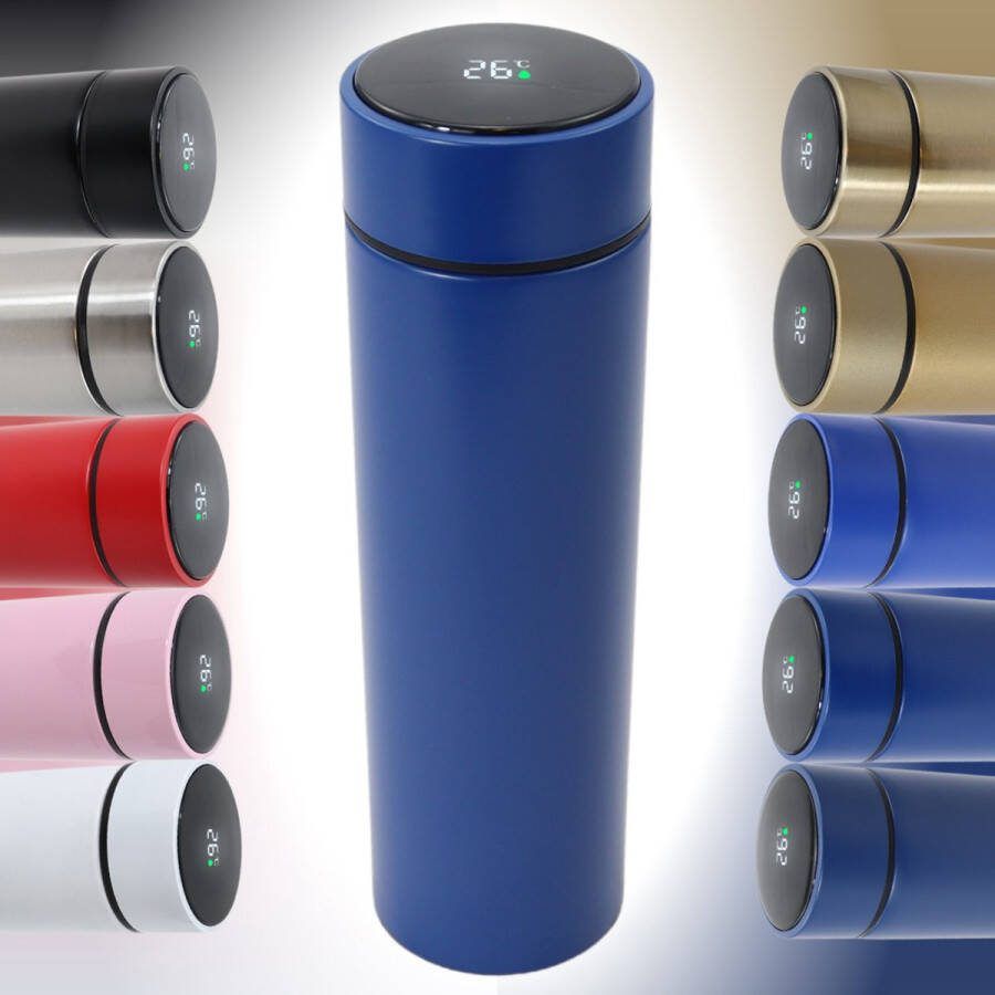 Smart Thermoskan Business Blue Met thee kruiden houder Blauwe luxe thermos kan RVS Met ingebouwde temperatuurmeter Luxe thermos container blauw Voor koffie thee en andere warme dranken 500 ml