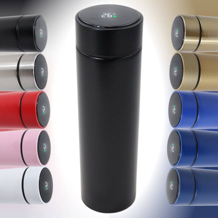 Smart Thermoskan Deep Black Met thee kruiden houder Zwarte luxe thermos kan RVS Met ingebouwde temperatuurmeter Luxe thermos container zwart Voor koffie thee en andere warme dranken 500 ml