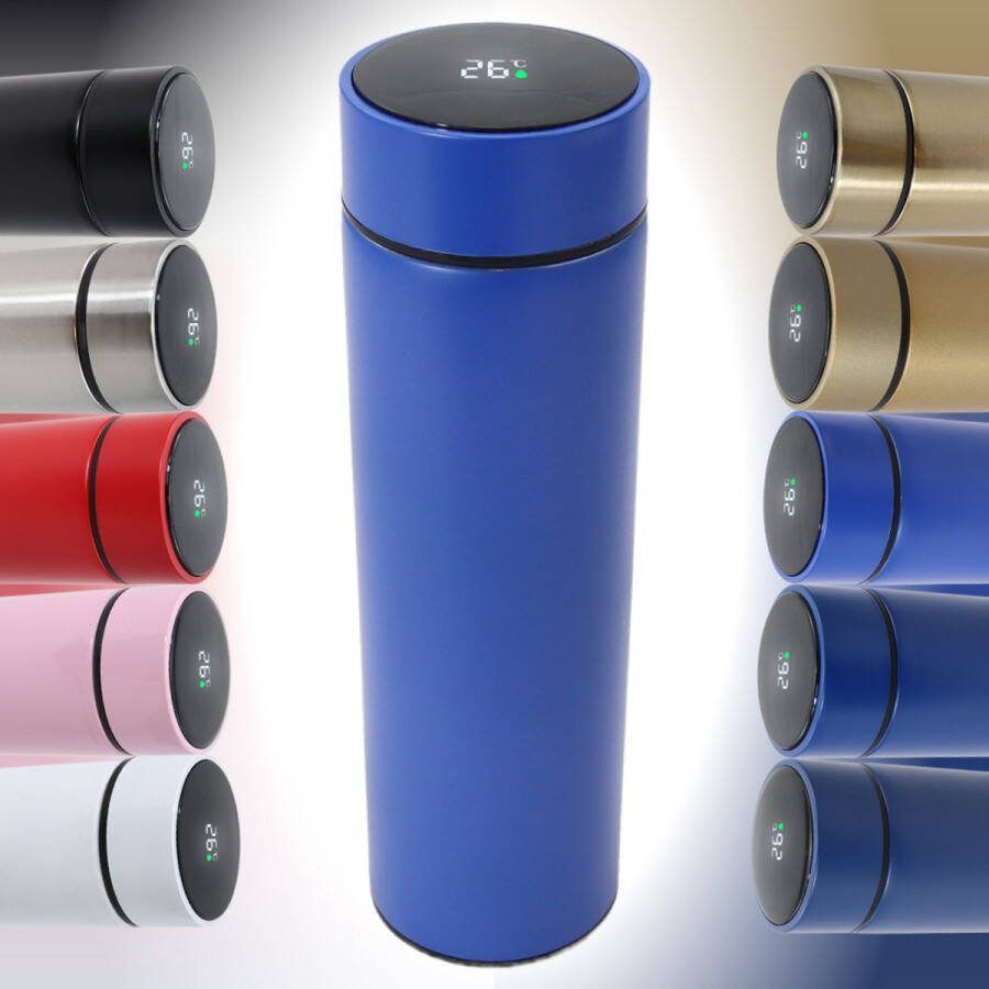 Smart Thermoskan Electric Blue Met thee kruiden houder Blauwe luxe thermos kan RVS Met ingebouwde temperatuurmeter Luxe thermos container blauw Voor koffie thee en andere warme dranken 500 ml