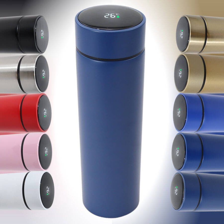 Smart Thermoskan Matte Blue Met thee kruiden houder Mat blauwe luxe thermos kan RVS Met ingebouwde temperatuurmeter Luxe thermos container mat blauw Voor koffie thee en andere warme dranken 500 ml