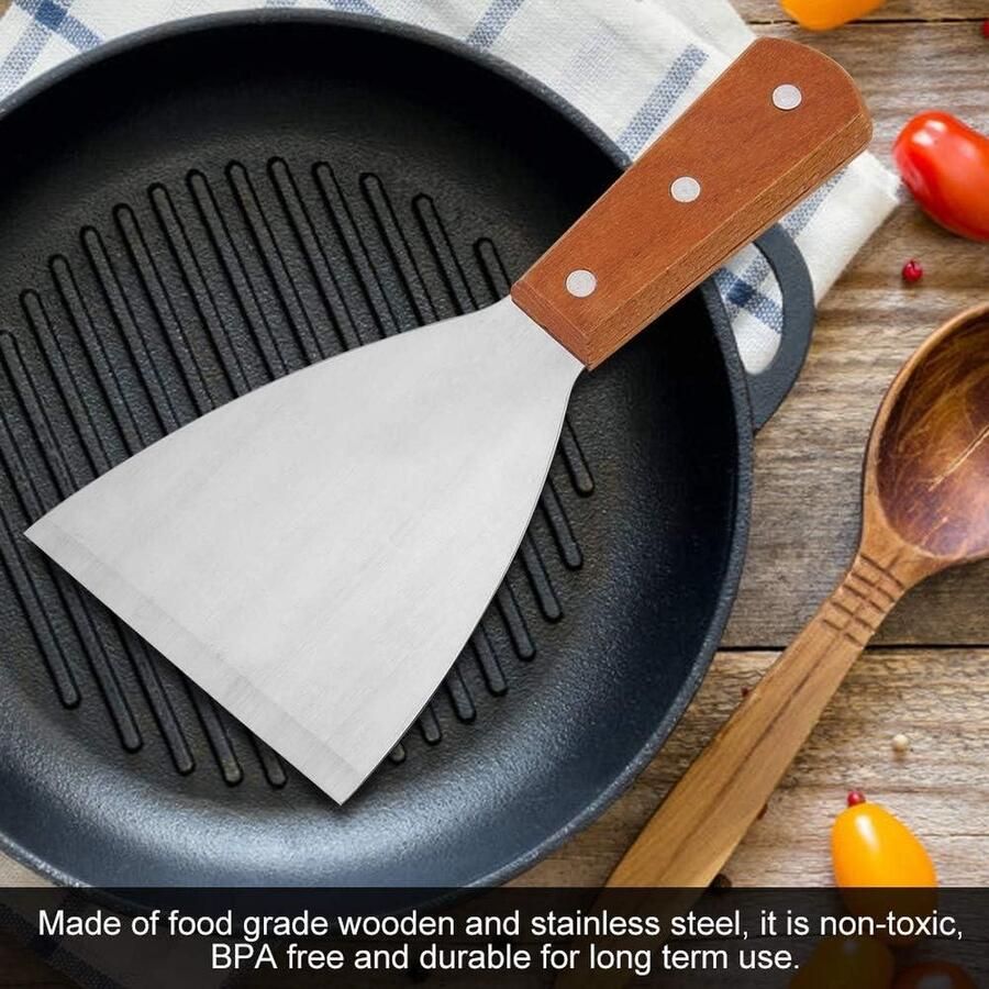 Smash-Burger Spatel Bakplaat Schraper Hout + RVS Hittebestendig Bbq Grill Beafsteak Spatel Turner Kookgereedschap smash burger