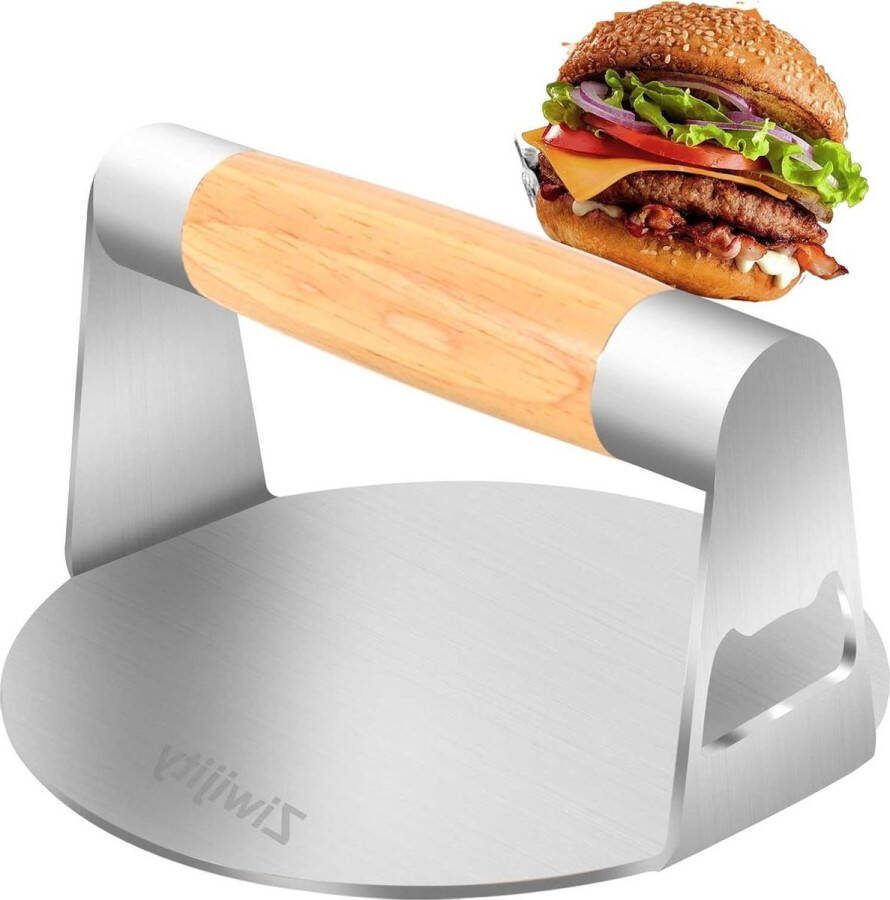 Smash Burgerpers 14 cm rond professionele roestvrijstalen burgerpers platte topgrill hamburgerpers geel houten handvat smash burger