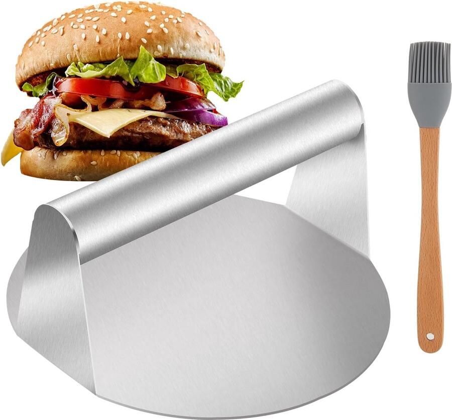 Smash Burgerpers 14 cm rond roestvrij staal hamburger smasher met braadborstels robuuste hamburgerpers antiaanbaklaag Bacon Beef Stea Patty Burgermaker voor het grillen op de grillplaat