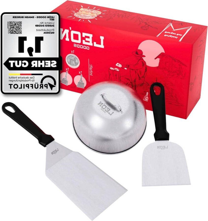 Smash Burgerset-Hamburger set van roestvrij staal voor gasgrill vuurplaat teppanyaki inclusief Burger spatelset en Burger Smasher roestvrij staal (L 4 delig)
