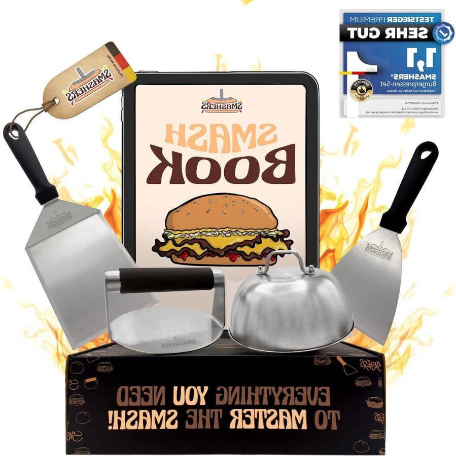 Smash Burgerset Hamburgerpers en Grillspatel Set incl. Burgerbel e-book met Smash Burgerrecepten smash burger