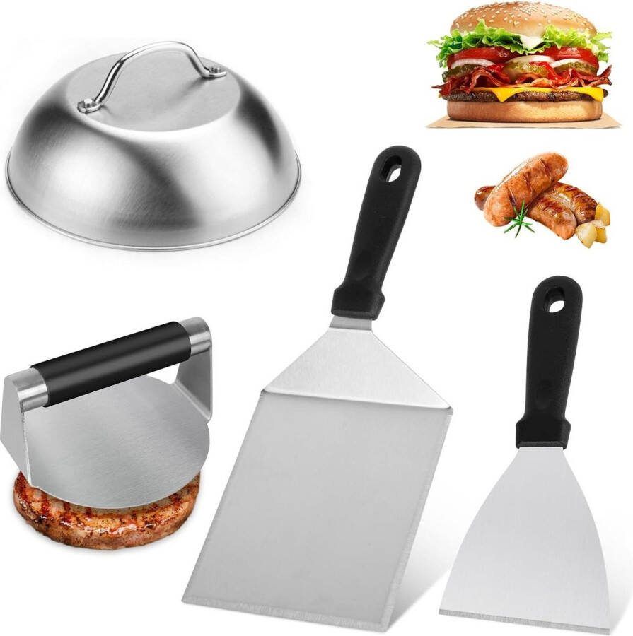 Smash Burgerset Roestvrij Stalen Hamburgerset Incl. Burgerpers en Grillspatel Voor Plancha Gasgrill Teppanyaki