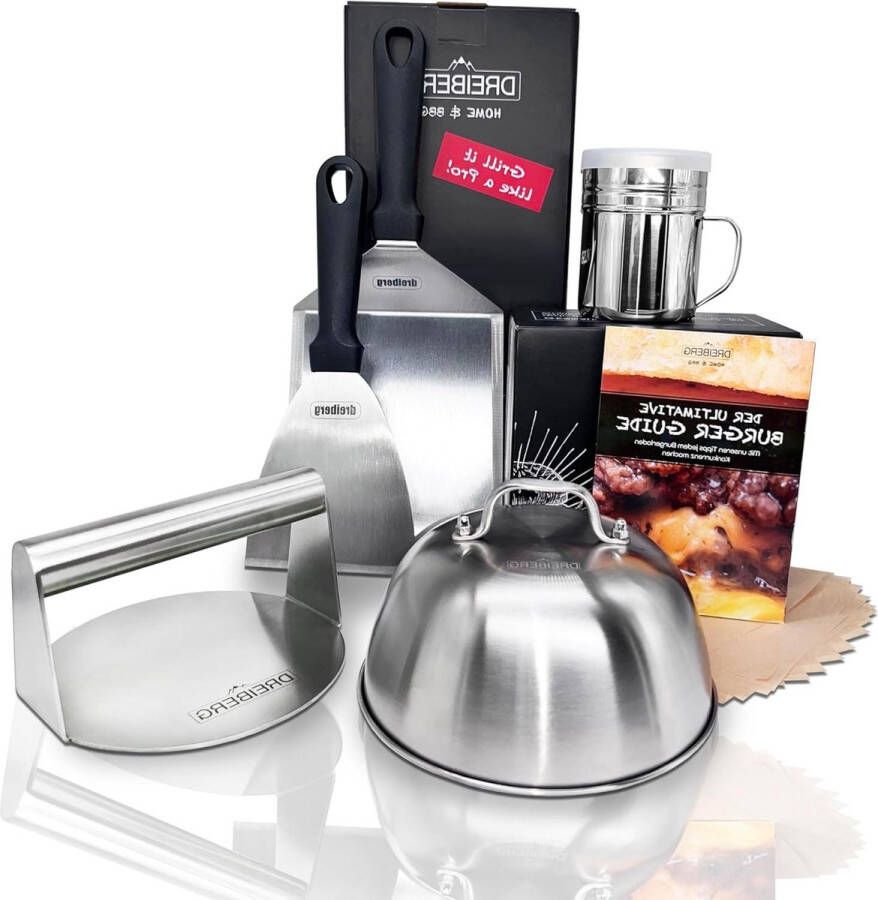 Smash Burgerset van roestvrij staal plancha gasgrill teppanyaki incl. grillspatelset burgerpapier smeltbel grillpers kruidenstrooier receptenboek 6-delig