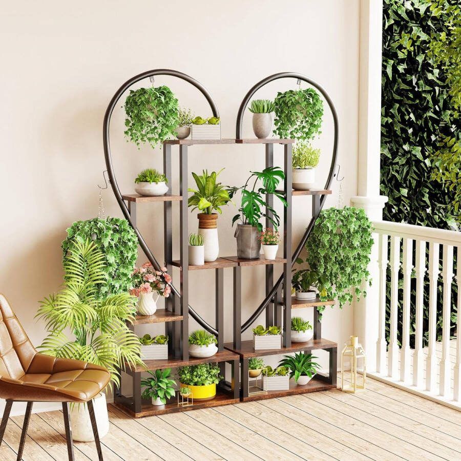 Smeedijzeren Indoor Plantenhouder: Plantenrek met 2 Hangende Haken Metalen Bloempothouder met 6 Niveaus Decoratie voor Balkon Woonkamer 165 x 112 x 28 cm