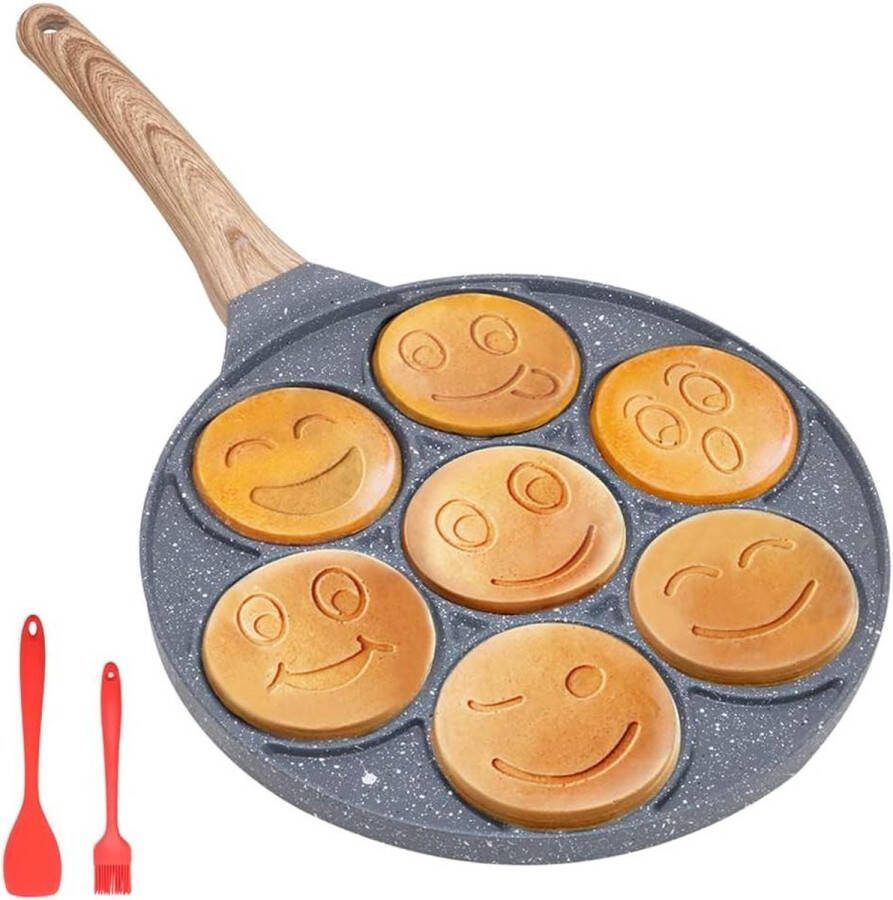 Smiley Face Pannenkoekenpan antiaanbaklaag 7 gaten mini pannenkoekmaker kinderen inductie compatibel 26cm zwart