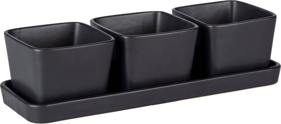 Snack- en dipschalenset 4-delig klein dienblad met 3 x 300 ml kommen van hoogwaardig keramiek zwarte buitenkeukenaccessoires ideaal voor tapas snacks en hapjes 30 x 10 x 8 cm zwart