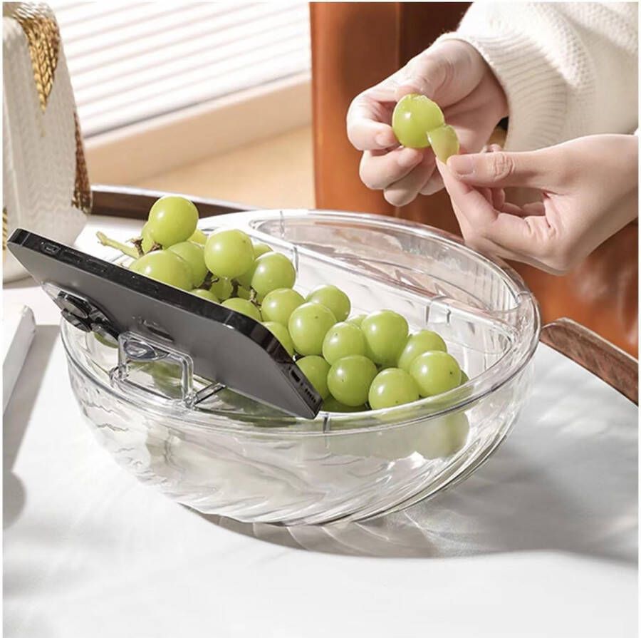 Snackbord en fruitschaal dubbellaags ontwerp met afdruipfunctie fruitmand met mobiele telefoonhouder voor fruit en snacks scheiding van fruit en fruitkruimels 8 9 x 8 9 x 3 5