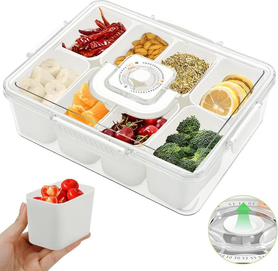 Snackbord met vakken snackschaal met deksel en datumregistratie snackbox met ventilatieopeningen organizer voor zoetigheden snoep vegie koekjes noten desserts en fruit