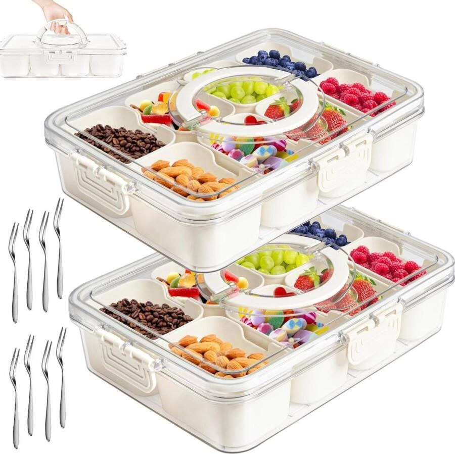Snackborden met vakken 2 stuks snackschaal met deksel lekvrij snacktablet-organizer voor snoep vegie koekjes noten desserts fruit