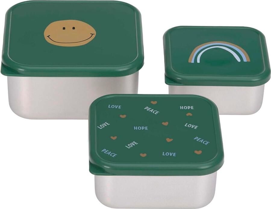 Snackbox kinderen 3-delige set roestvrij stalen broodtrommel snackbox roestvrij staal Happy Rascals Smile