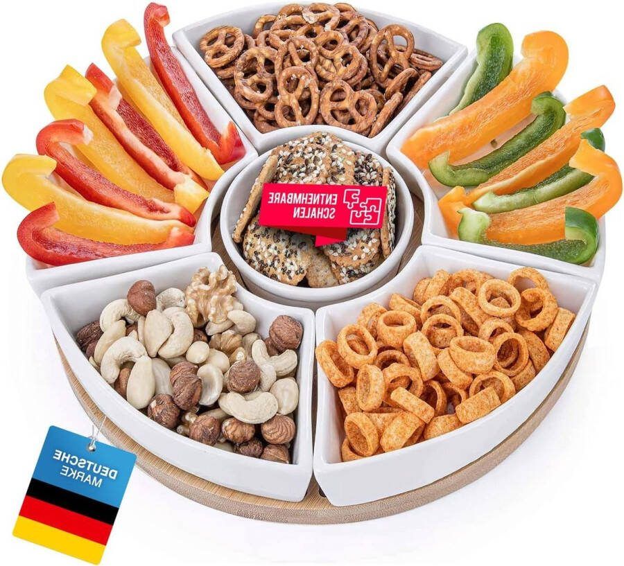 Snackdienblad met 6 porseleinen schalen en bamboehouten serveerplank voor snacks salades hapjes dips tapas (snacktablet) Wasmachine- & Drogeraccessoires