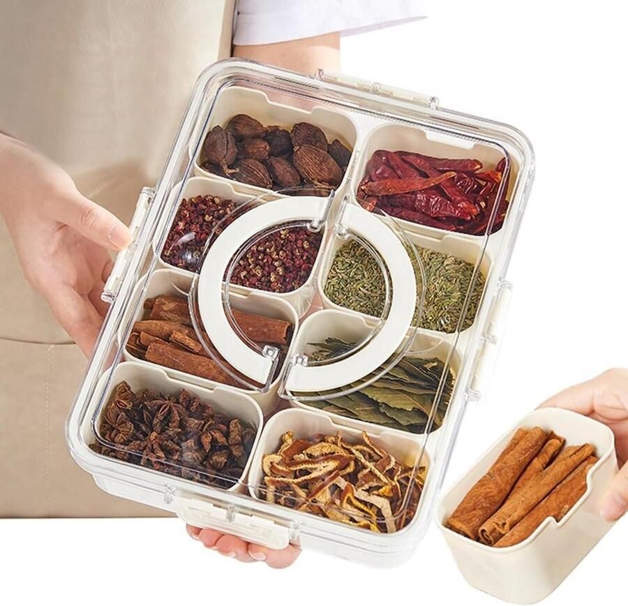 Snackschaal met deksel opbergdoos voor snacks snackbord met 8 vakken organizer voor kruidenpotjes snoep veganistisch koekjes noten fruit dip tapaskommen (8)