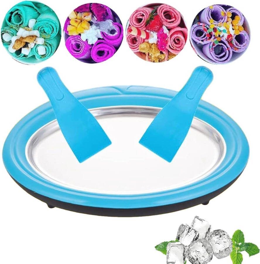 Snelle ie IJsblokjesmachine Doe-het-zelf handwerk roestvrij staal Levensmiddelenkwaliteit rol-ijsmachine met 2 spatels voor bevroren yoghurt sorbet en ijs (blauw)