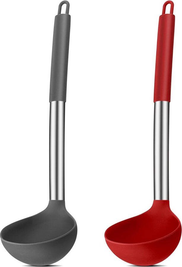 Soepel 2-delige siliconen pollepel hittebestendig met handvat van roestvrij staal 30 cm grote sauslepel voor koken roeren serveren gezond en anti-aanbaklaag grijs en rood