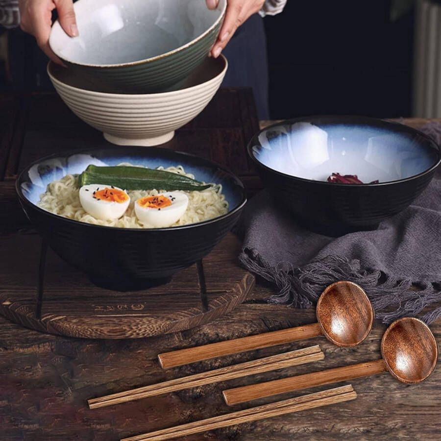 Soepkommen 1200 ml Japanse raam-kommen keramiek set lepel eetstokjes muesli soep salade pasta 2 stuks