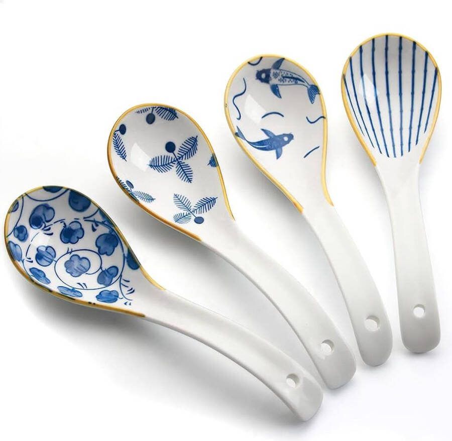 Soeplepels 6 3 inch keramische Chinese soeplepels Ramen-lepels met retro patroon voor soepknoedels verpakking van 4 (geel)