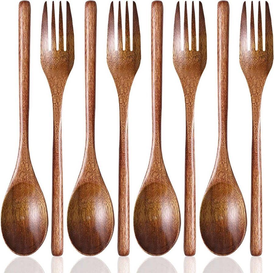 SourceTon Soup Spoons and Forks Wooden Ladle and Fork Set for Party Banquet Buffet Catering Daily Use 8 Pieces