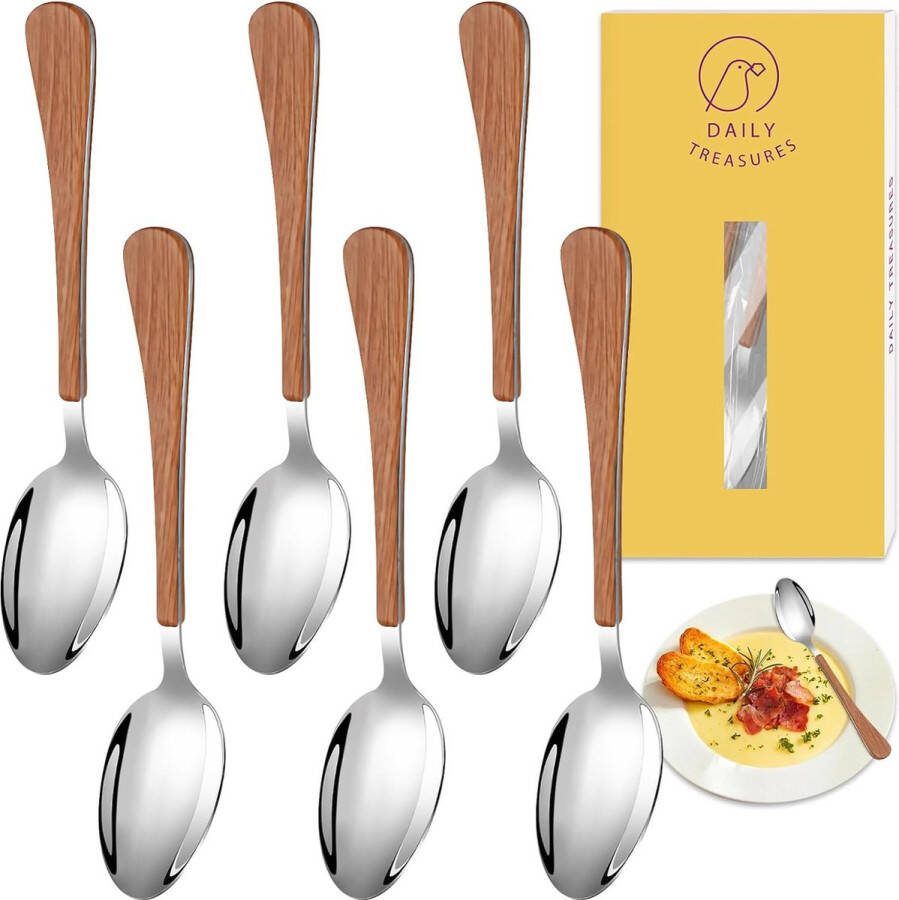 Soeplepelset 6-delige 17cm eetbare roestvrijstalen dessertlepels dinerlepelset met houten handvat voor koffie dessert thee thuis keuken restaurant duurzaam