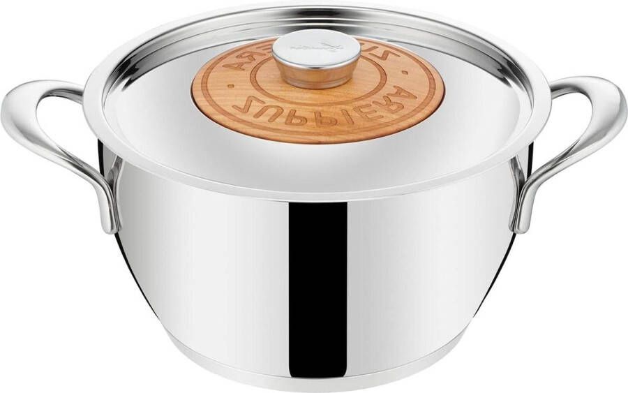 Soepterrine Ø 24 cm inductie- en gastpan van roestvrij staal 18 10 met kersenhouten inzetstuk en Lagotherm-bodem Emozione