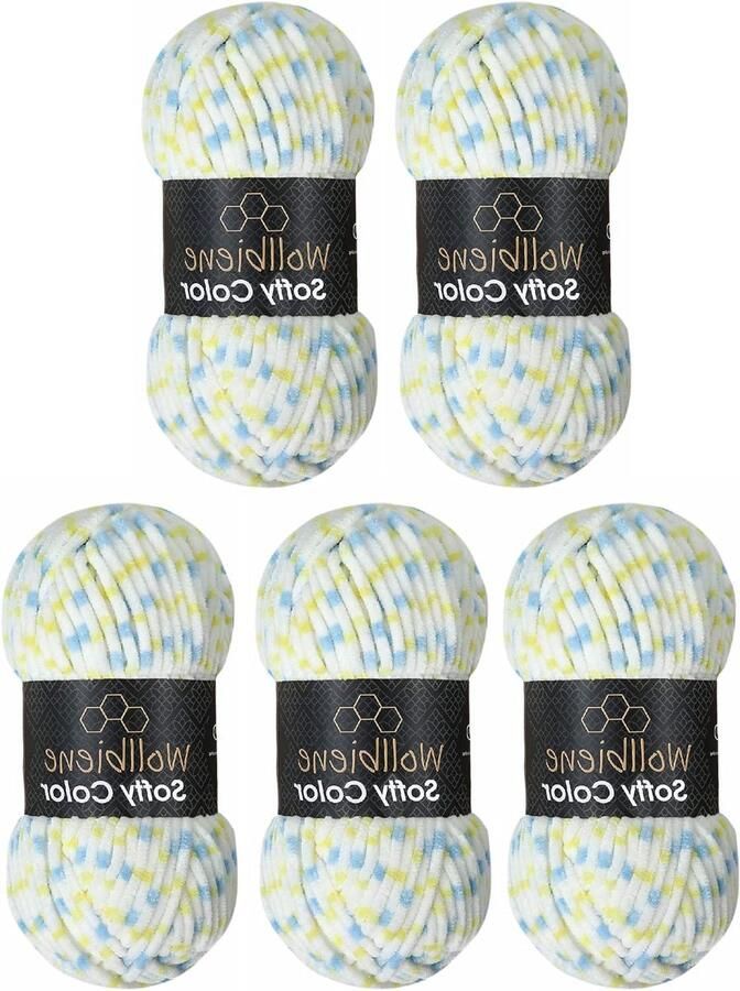Softy Color 500 gram chenillewol breiwol babywol Super Bulky wit blauw geel 114