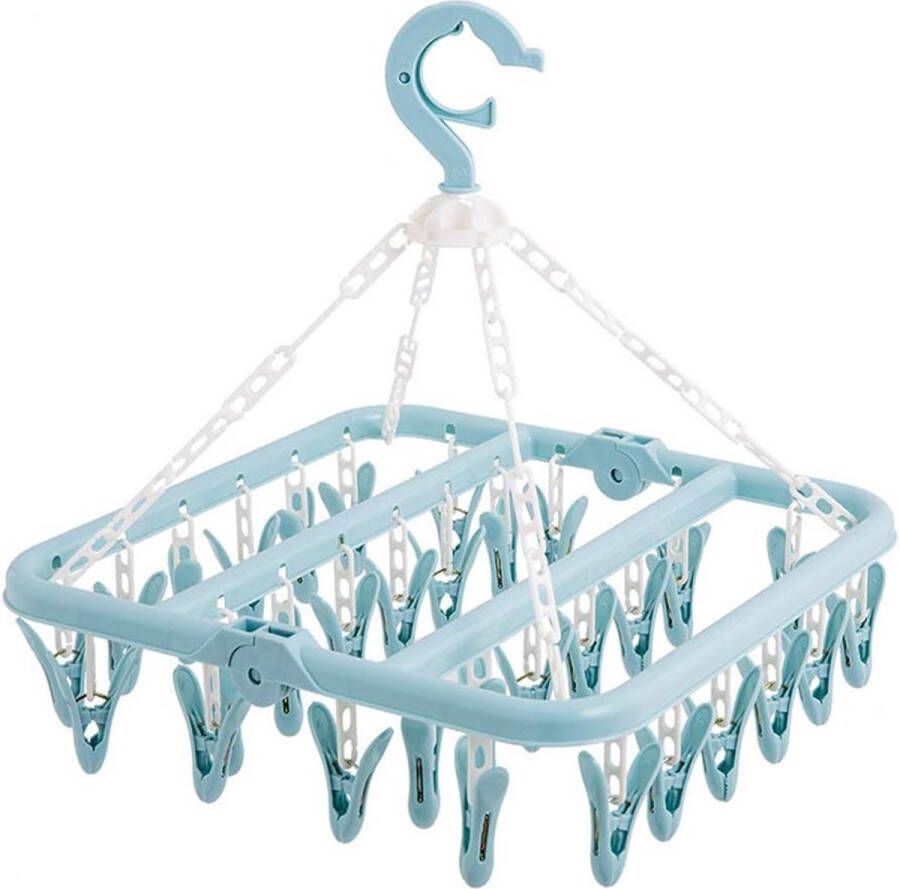 Sokken Droger Kledingrek Sokkenhanger Hangende Droger met 32 Clips Opvouwbare Sokkenhanger Draaibare Winddichte Hanger voor Ondergoed Babykleding Kleine Wasitems Blauw