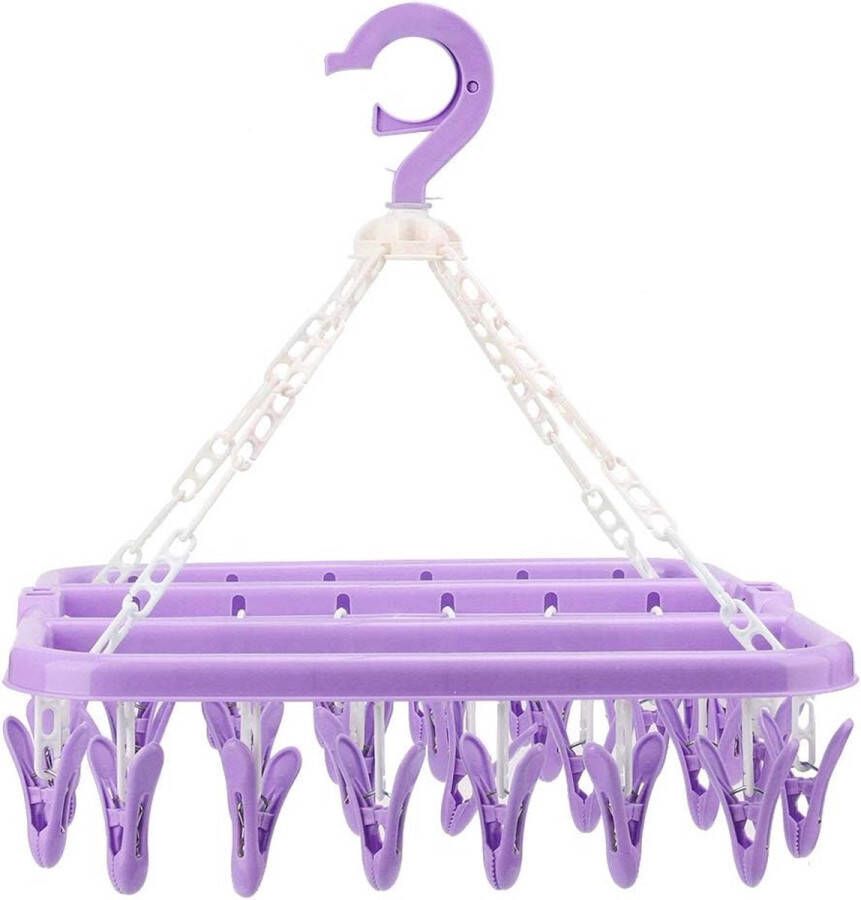 Sokken Droger Kledingrek Sokkenhanger Hangende Droger met 32 Clips Opvouwbare Sokkenhanger Draaibare Winddichte Hanger voor Ondergoed Babykleding Kleine Wasitems Paars