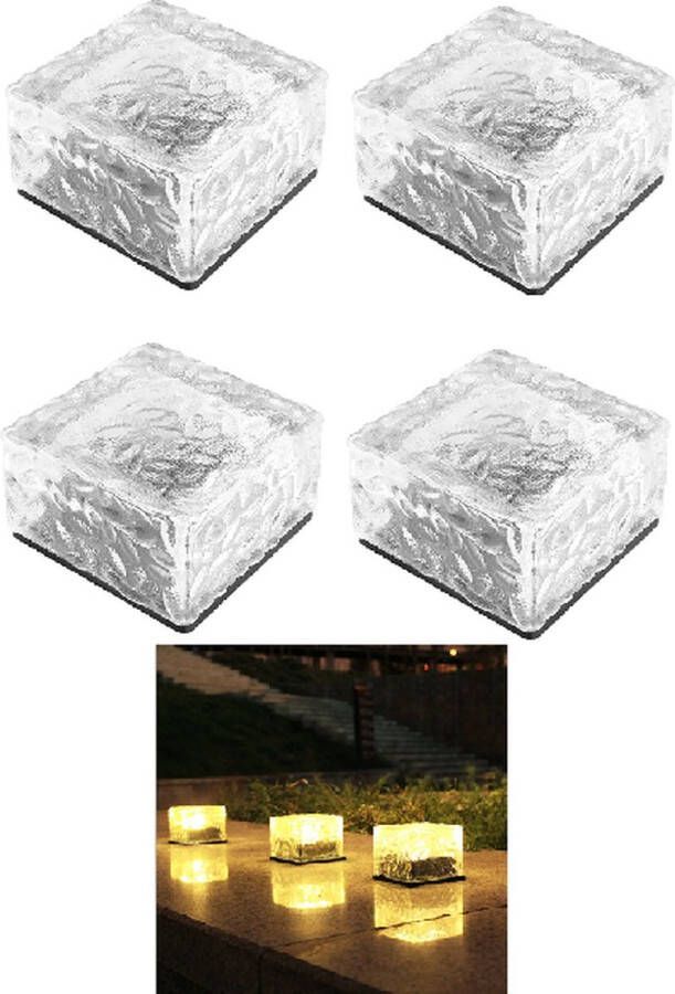 Solar Grondspot (4 stuks) Solar Ice Cube Grondspots Solar Tuinverlichting op zonne-energie Warm Wit- Glazen IP68 15cm *15cm*10cm Maat: L