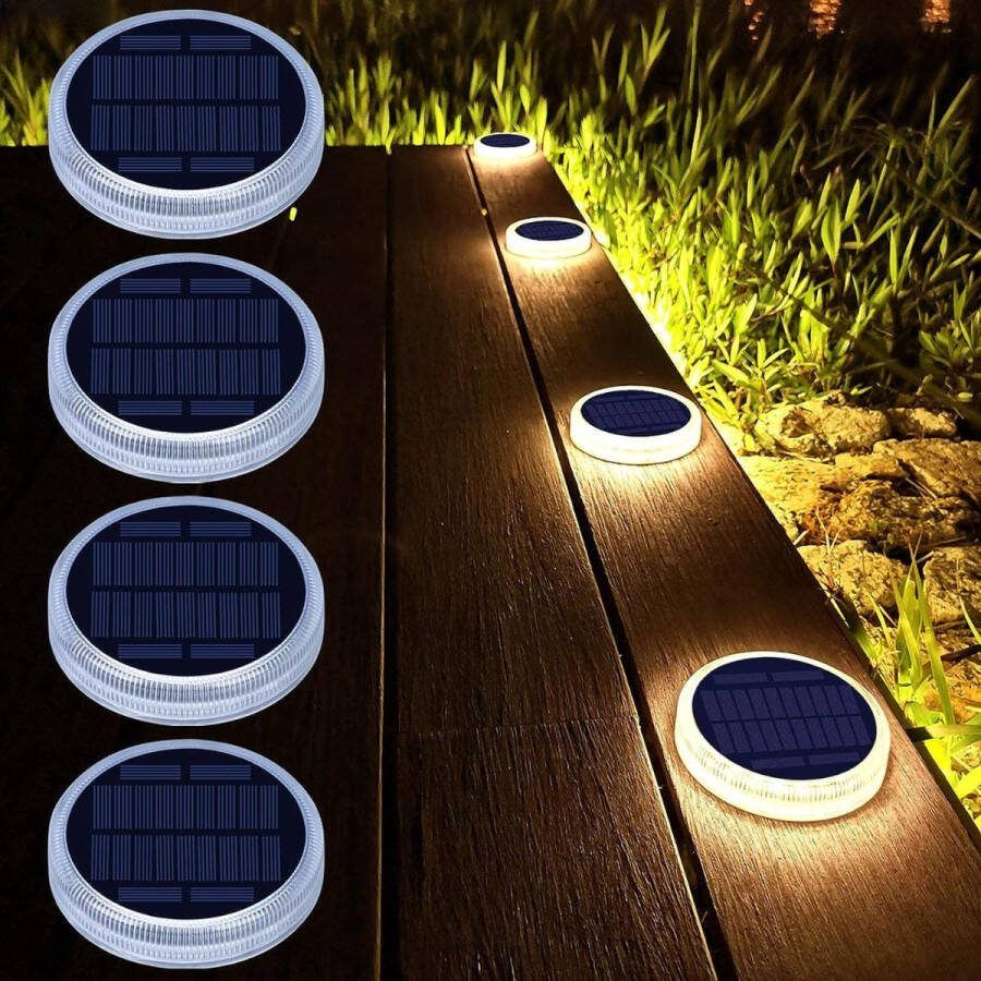 Solar Lampen Buiten Solarlampen voor Buiten 4 Stuks LED Zonnelamp Buitenlamp Zonnedekverlichting Staplichten IP68 Waterdicht Tuinverlichting Auto Aan Uit Zonne-licht Padverlichting voor Tuin Hek Warm Wit 3000K