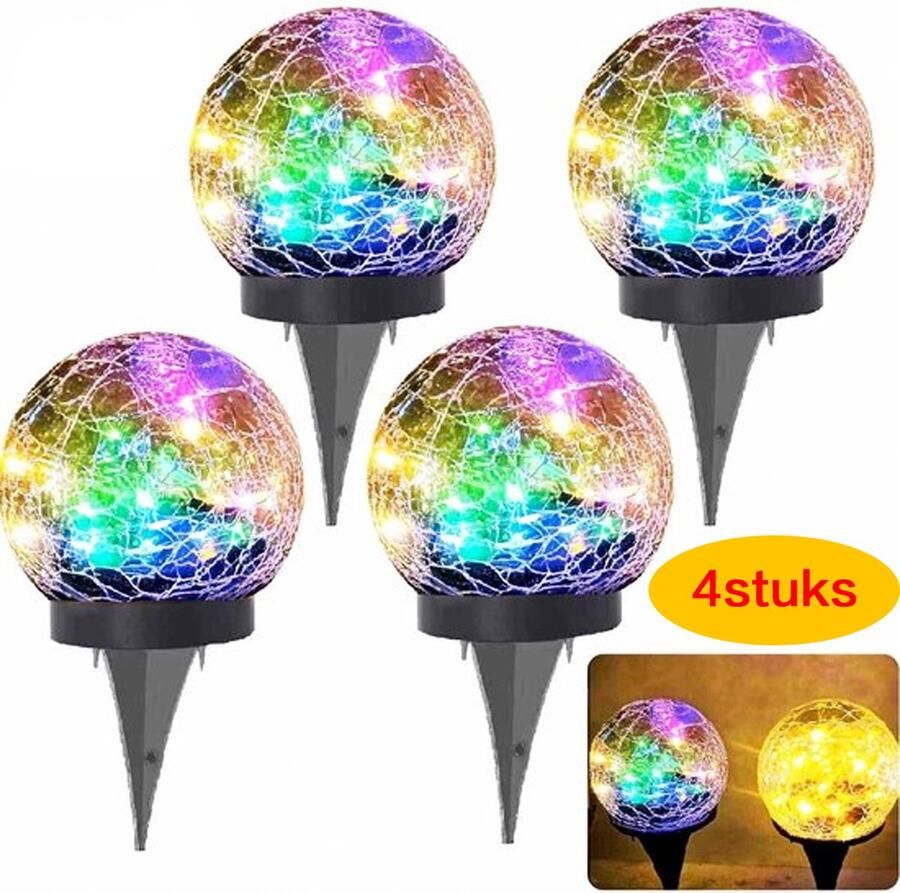 Solar Tuinverlichting (4stuks)- Glazen bol gazon -LedTuinverlichting op zonne energie- breukglaslook Kleurlicht LED-zonnelamp -stoep buitenlamp nachtlichtje decor tuinlamp geleide nachtlamp scheur -Buiten licht glazen lamp