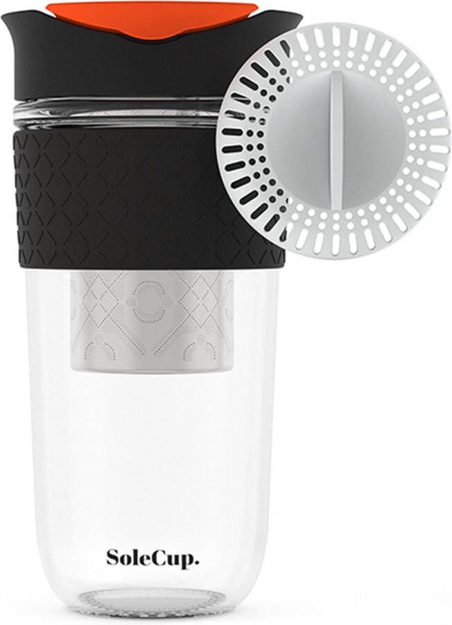 SoleCup koffie beker to go 3 in 1 reisbeker met siliconen rand 530 ml zwart oranje -rood