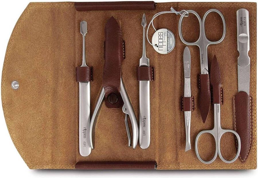Solingen manicureset roestvrij staal en nikkelvrij echt rundleer etui met drukknop Premium Line bruin 1 stuk