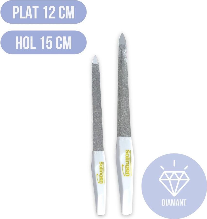 Solingen Professionele Diamant Nagelvijl Set 2 Stuks 12 cm Plat 15 cm Hol Duitse Kwaliteit Nagelvijl Metaal Met Fijne en Grove Kant Ideale Nagelvijl Natuurlijke Nagels Nagelriem Duwer Manicure Mooie & Verzorgde Nagels