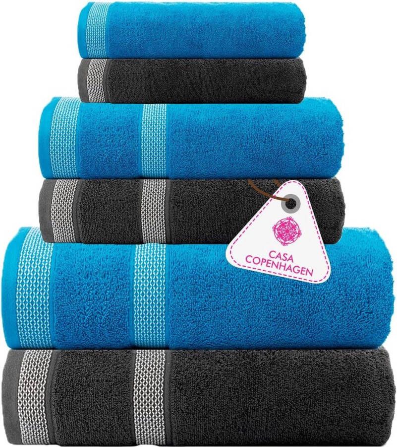 Solitaire Mix handdoc 600 g m² Egyptisch katoen voor hotel spa gebouw en badkamer 6-delige set met 2 badkamers 2 handen 2 washandjes maat blauw + grijs