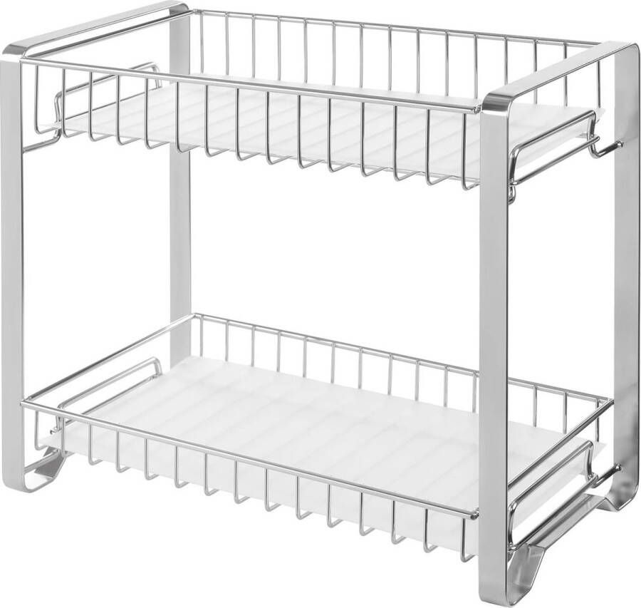 SONGMICS Kruidenrek met 2 niveaus metalen keukenplank met kunststof platen antislipvoetjes eenvoudig te monteren voor aanrecht voorraadkamer badkamer keuken zilver KCS013E01
