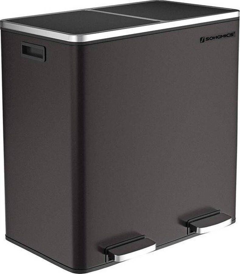 Songmics Prullenbak 60 Liter Inhoud (2x30) Met 2 Gescheiden Bakken RVS Zwart