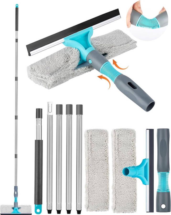 SOSALUK Professionele raamreinigerset 2-in-1 raamwisser met telescoopsteel 200 cm raamwisser van roestvrij staal demonteerbaar met 2 microvezeldoeken voor hoge ramen binnen en buiten