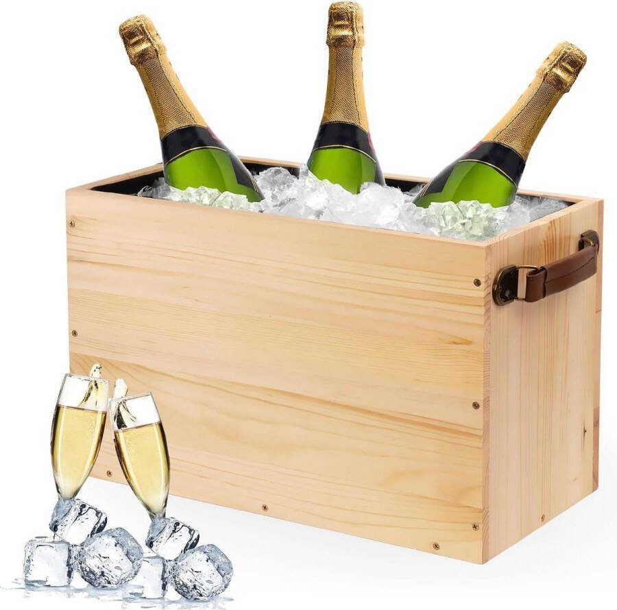 Southgate Champagnekoeler XXL houten drankenkoeler voor tuinfeesten waterdichte ijsemmer met leren handvat ijsblokjes houder 40 x 20 x 25 cm Ljsemmer
