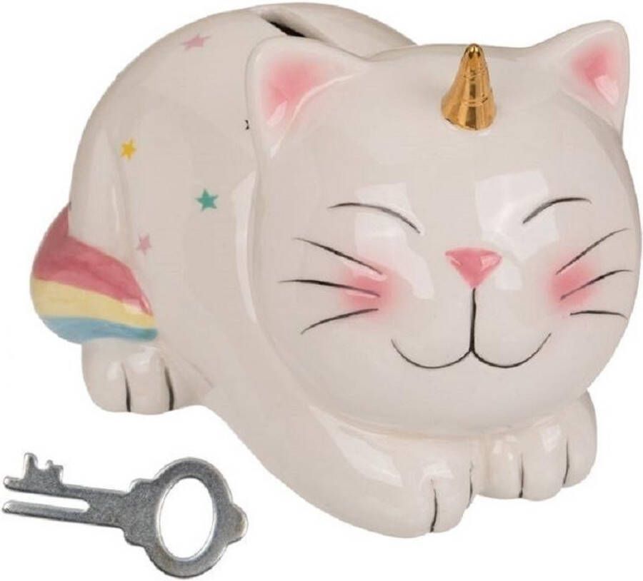 Merkloos Sans marque Spaarpot eenhoorn kat poes met slotje 17 cm Unicorn dieren spaarpotten