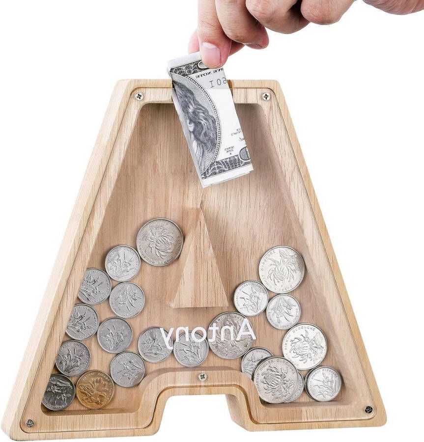 Spaarpot Houten Brief Munt Bank met Alfabet Stickers Geldbesparende Bank voor Kinderen Kerst Verjaardagscadeau Thuis DIY Decor