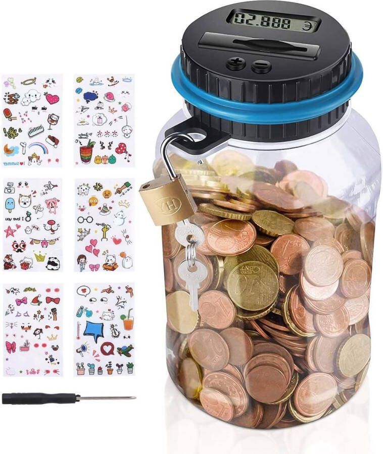 Spaarpot met teller 18 l groot voor kinderen transparante muntenteller met lcd-display digitale muntenbank met automatisch slot schattige stickers