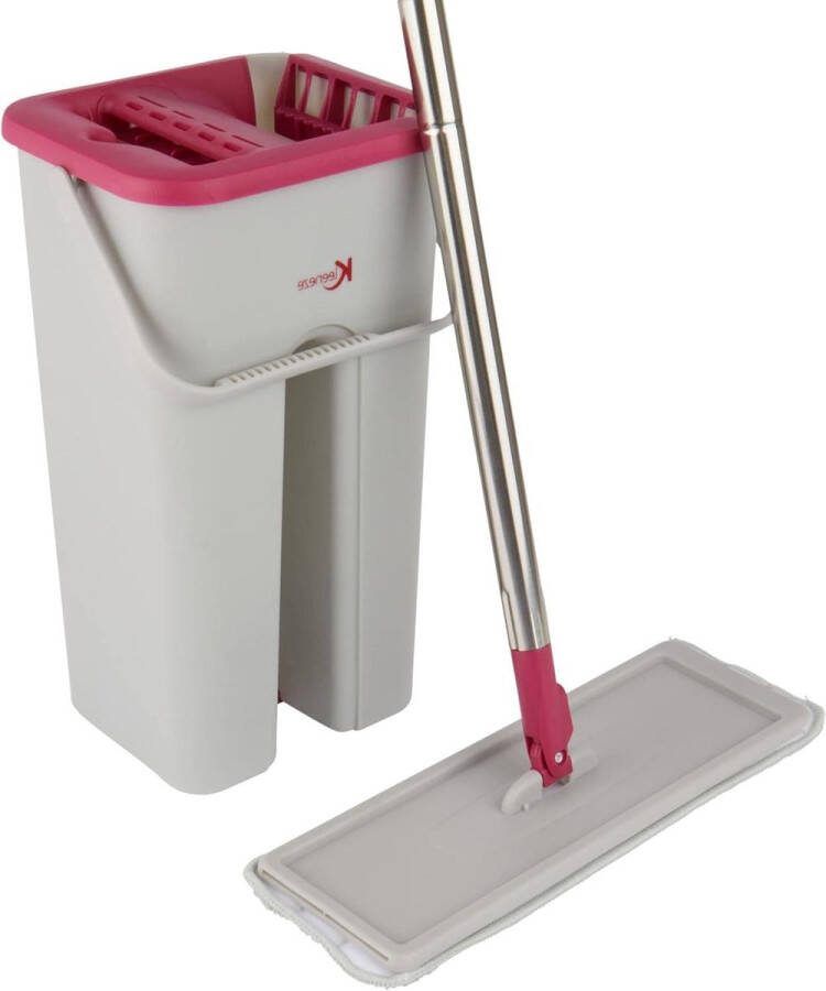 Space Saving Flat Head Microfibre Mop and Bucket Set Built-in Wringer Dirt Removing Scraper Easy Storage Solution Pink Grey