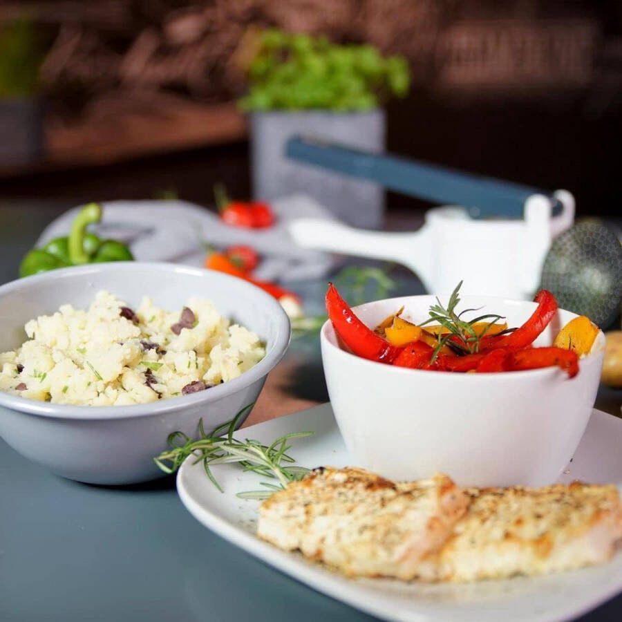 Spaetzle-pers aardappelpers met 3 verwisselbare geperforeerde schijven pers met 4 verschillende steunhaken hoogwaardige aardappelstamper (kleur: wit blauwgrijs) 1 x 4 delen