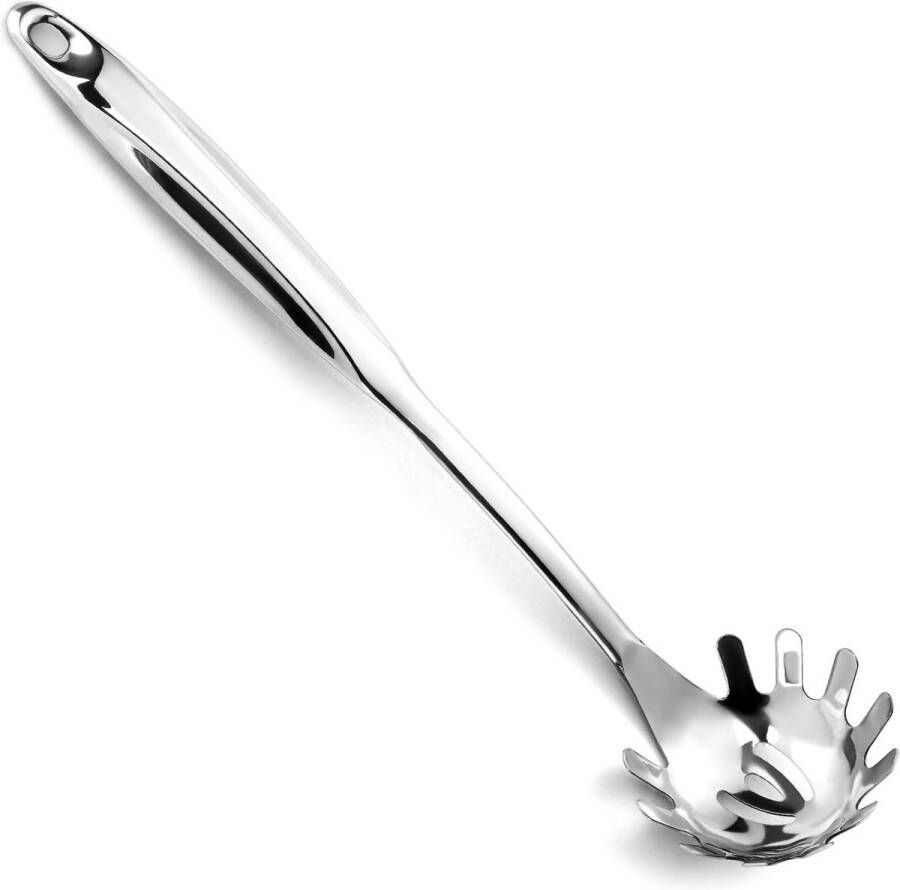 Spaghettilepel eendelige roestvrijstalen pastampels 33 cm Comfort Grip Design pastamlepel pastamachel met tanden zilveren pastamereedschap