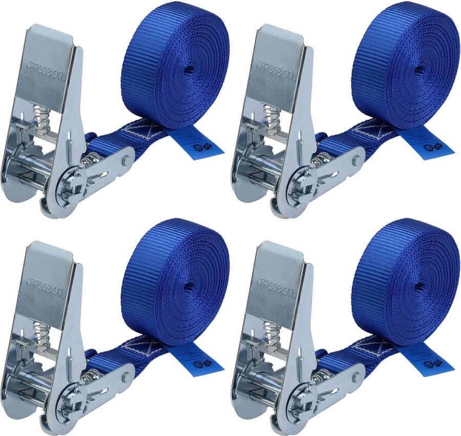 Spanband met ratel 4 stuk ratelbanden spanband bevestigingsband blauw 4 m 25 mm breed belastbaar tot 800 kg DIN EN 12195-2 4 stucks 2.5 cm x 4 m